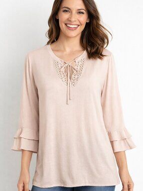 Tribal Jeans Women's Blush Pink Top Boho Peasant Crochet V-Neck Ruffle Cuffs P/S
